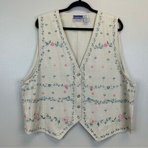 Northcrest Vintage 90s Womens 2X Cream Vest Floral Embroidery Cottagecore Granny